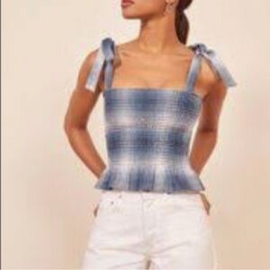 Reformation 100% Linen Valley Top Smocked Shoulder Tie Ghost Plaid Blue XL